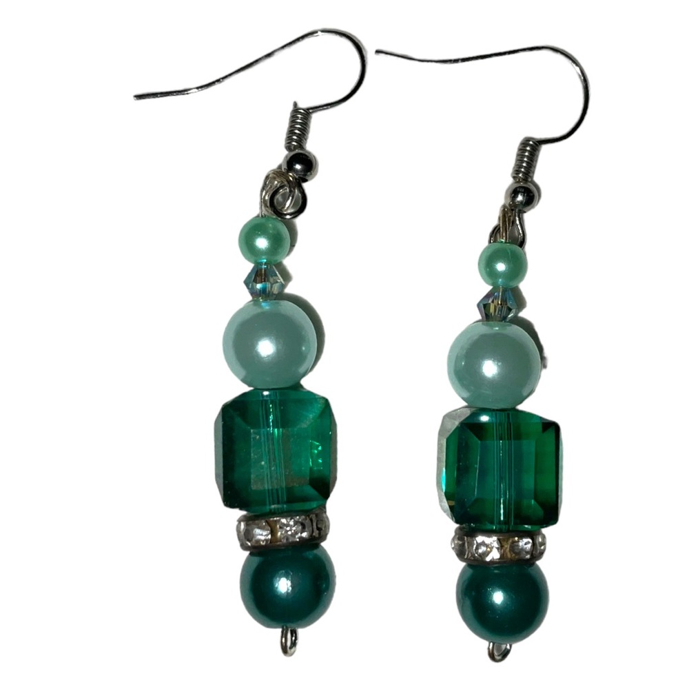 Blue Green Tahitian-look Seafoam Austrian crystal cube pearl bead drop earrings